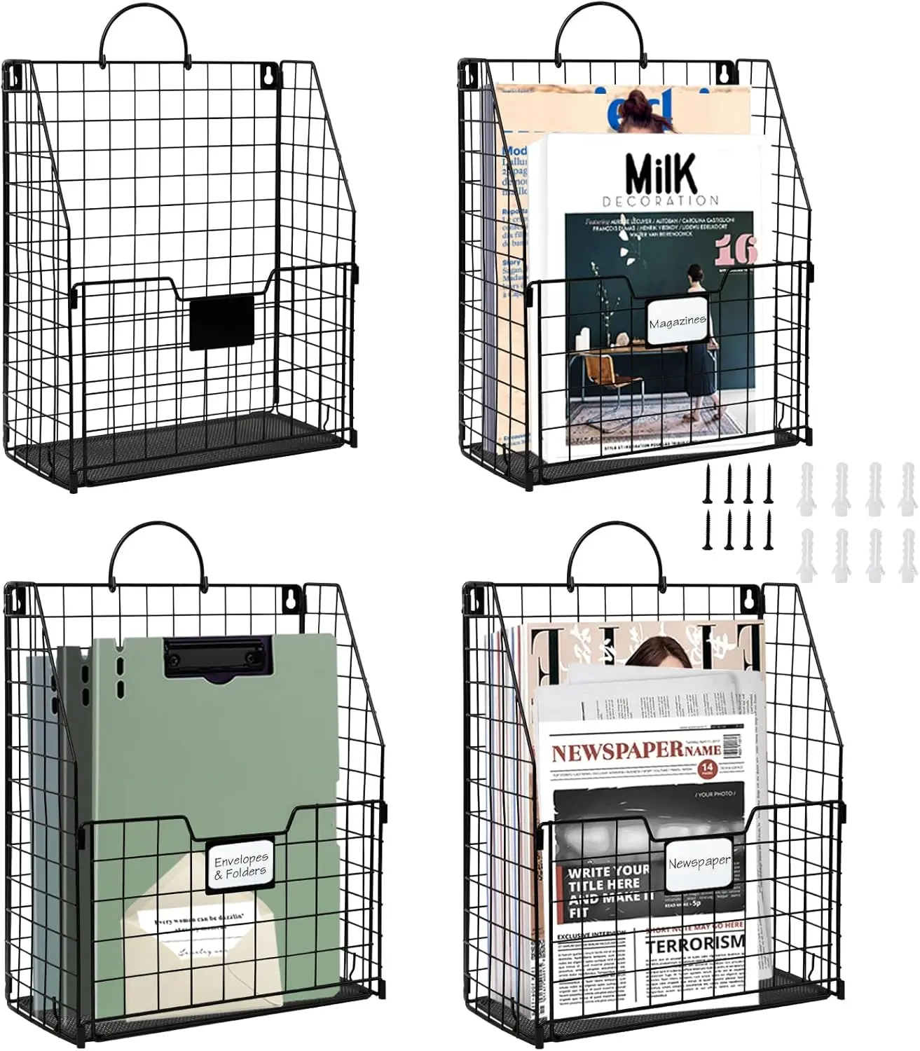 

Складной настенный держатель для журналов с ручкой, металлическая стойка-органайзер для почты для офиса и дома, черный