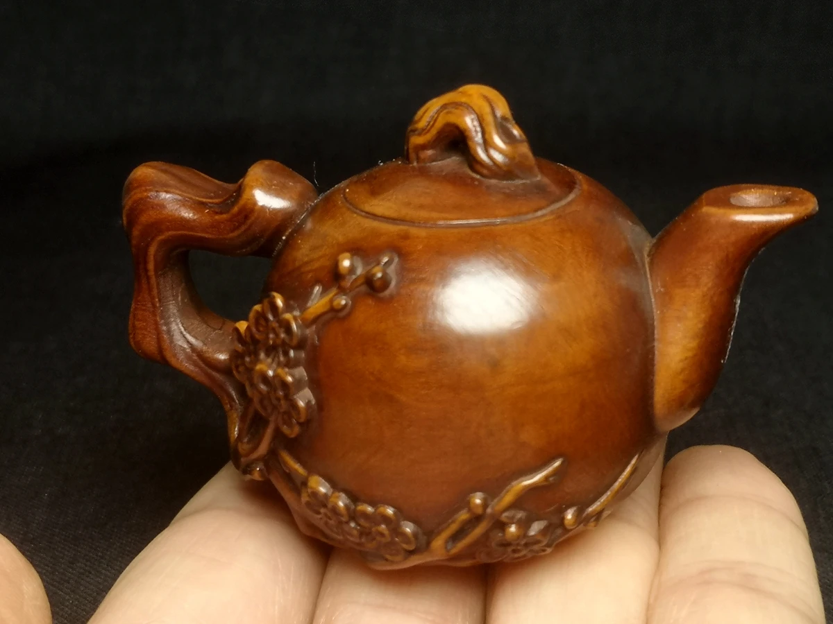 1919 Antique art Size 3 Inch Old Chinese Boxwood Wood Hand carved plum blossom pot kettle shape home decoration collectable