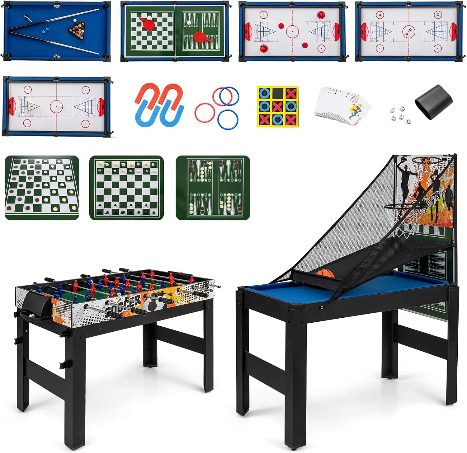14-in-1 Multi Game Table, Combo Game Table w/Foosball, Air Hockey, Pool, Table Tennis, Basketball, Chess, Checkers, Bowling