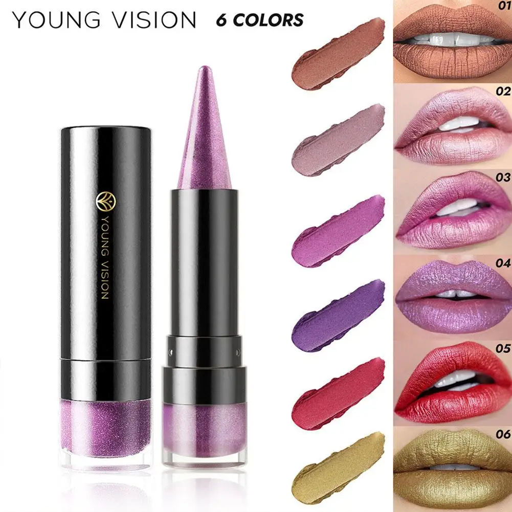 6 colores mate perla brillo fino diamante lápiz labial de doble propósito de larga duración fácil de colorear taza antiadherente lápiz labial para mujeres H3I9