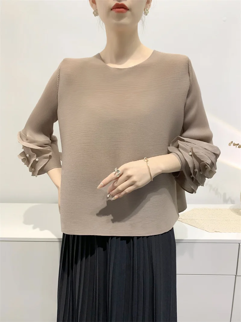 Pleated Jacket Seven-point Sleeve Beaded Temperament Commuter Spring And Summer T-shirt Round Neck Loose Slim Tops