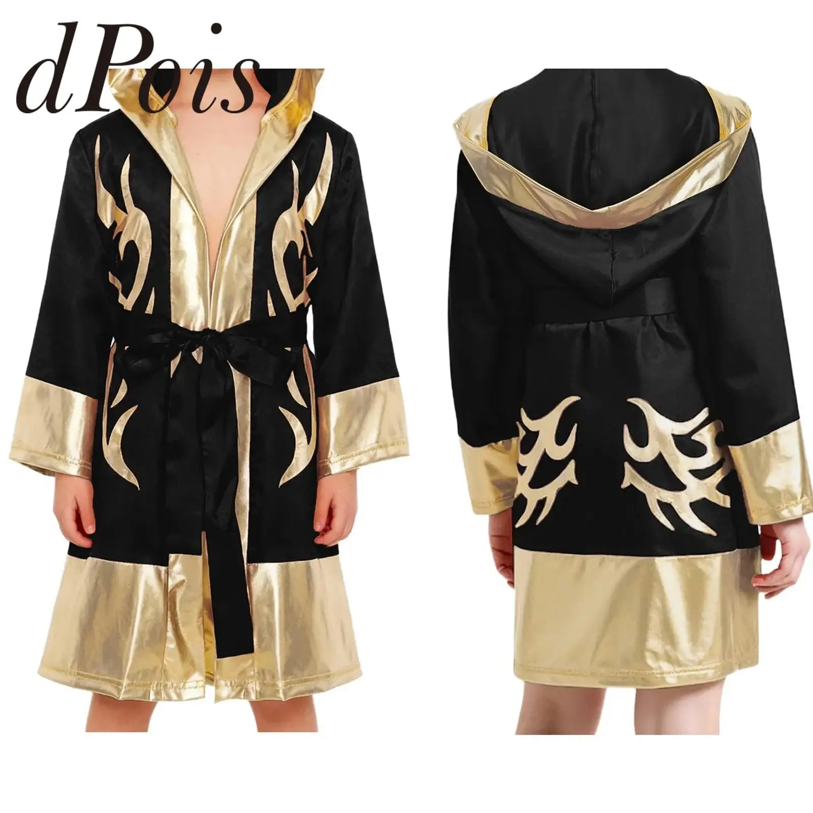 

Kids Boys Boxing Robes Fighting Muay Thai Gym Sportsuit Metallic Fight Grappling Costume Color Block Hooded Boxer Robe with Belt