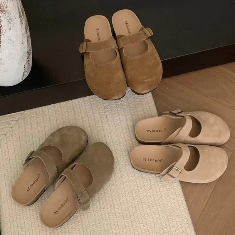 Sandalias bajas de cuero y terciopelo para mujer, zapatos de tacón bajo de gamuza y Goma, calzado básico aterciopelado, nuevo estilo