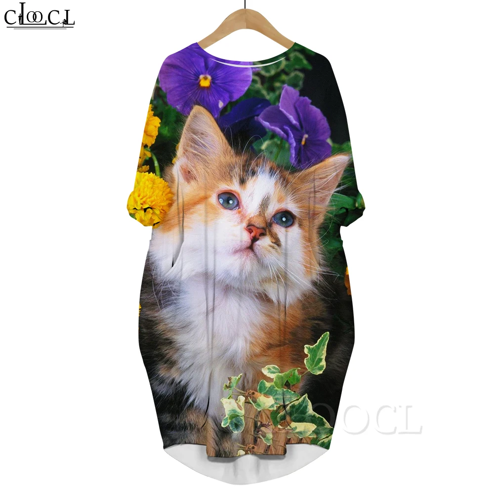 CLOOCL 3D Print Women's Dresses A Kitten Wearing A Dandelion Long Sleeve Vestidos Summer Fashion Bat Pocket Dresses Oversized