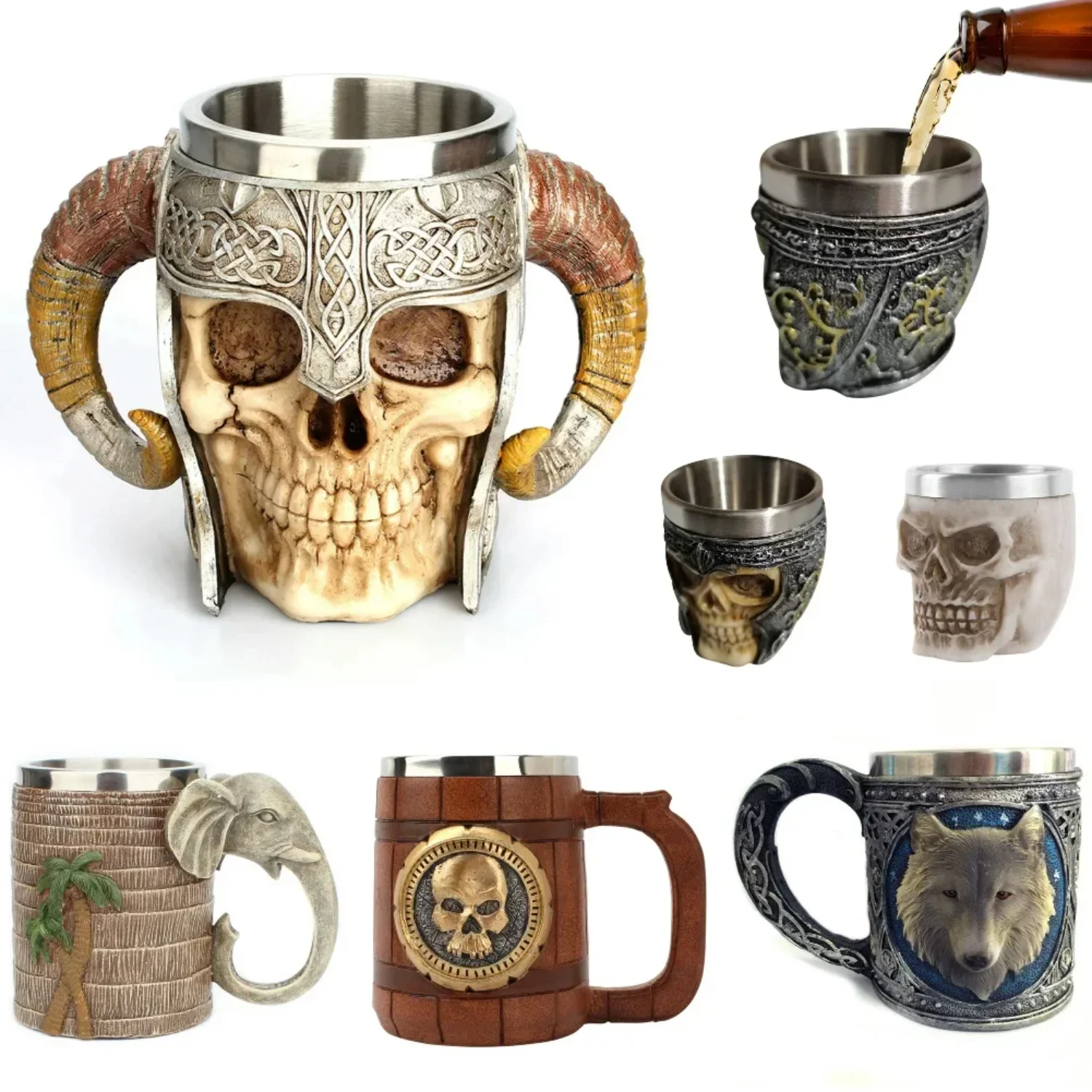 Resin Skull Beer Mug 3D Stainless Steel Coffee Cup Wine  Tea Cups Pub  Drinkware Water Mug Coffee Cup  Decor Gift