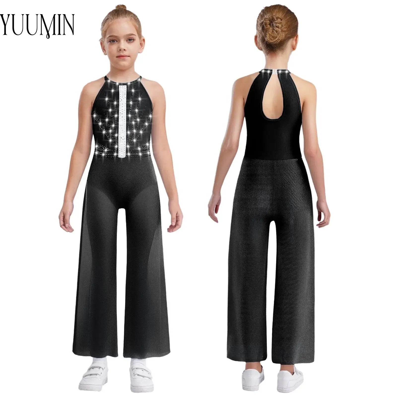 

Kids Girls Latin Lyrical Dance Costume Ballet Gymnastics Jumpsuit Sleeveless Rhinestones Shimmery Bodysuit with Built-in Briefs