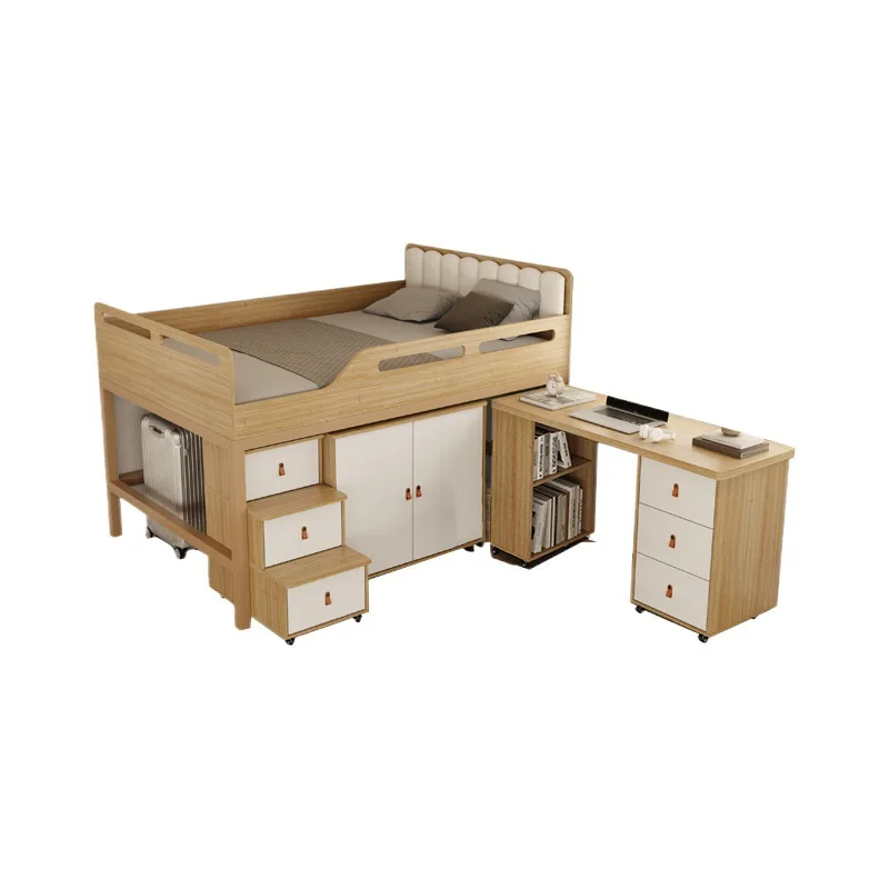 

Modern simple steel frame bed 1.2 meters heightened fence with ladder cabinet desk combination bed