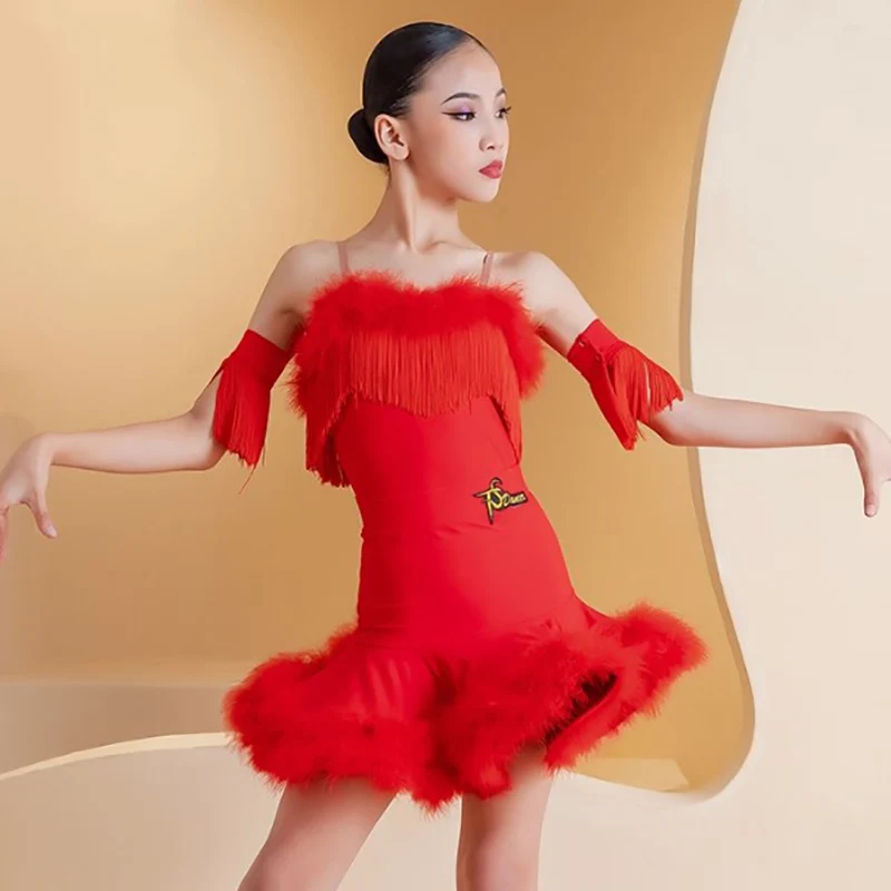 

Kids Girls Sleeveless Tassel feather Latin Dance Performance Waltz Competition Dancewear Children Bodysuit and Big Swing Skirts