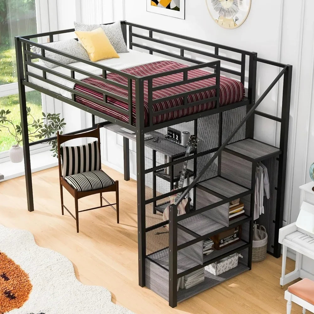with Storage Shelves and Wardrobe, Heavy-Duty for Adu Harper & Bright Designs Full Size Loft Bed with Stairs & Desk, Metal Frame