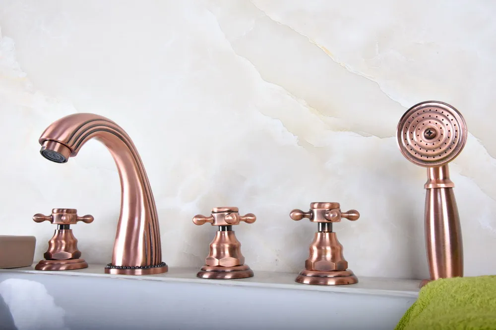 

Antique Red Copper Brass Three Cross Handles Deck Mounted 5 Holes Bathroom Tub Faucet Mixer Tap With Handshower mtf182