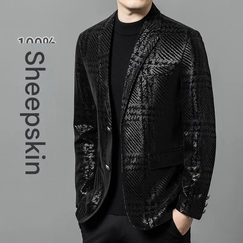 

Men's Slim Fit Genuine Leather Suit Jacket 100% Sheepskin Printed Casual Autumn Winter Outerwear