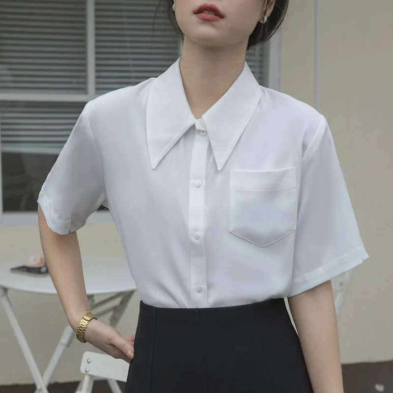 

Summer New Solid White Shirts Short Sleeve Loose Chiffon Blouse Women Pockets Casual Turn-down Collar Single Breasted Tops