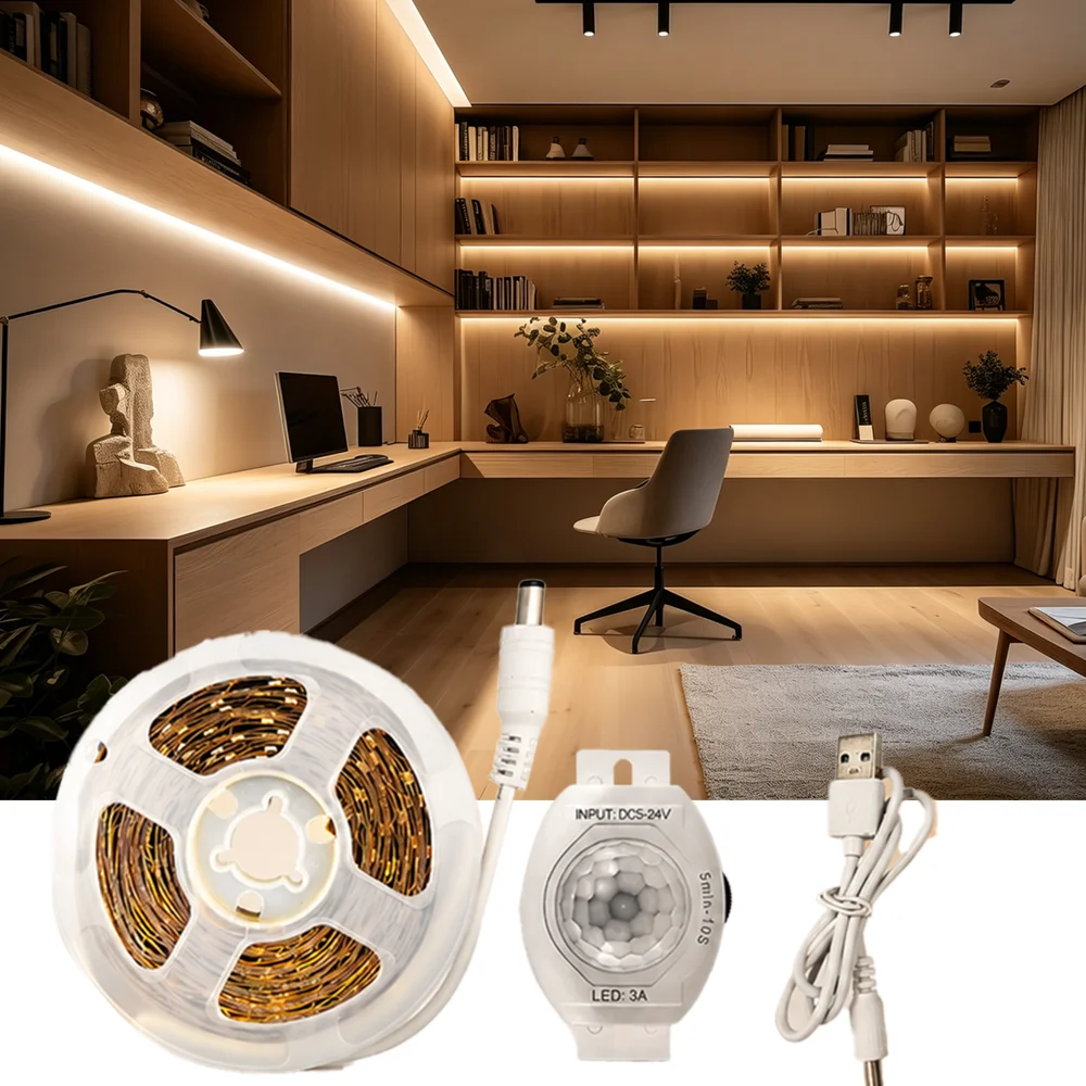 

2835 Motion Sensor LED Strip Lights USB Powered Night Use Easy Install for Cabinet & Closet Lighting Works Only in Dark
