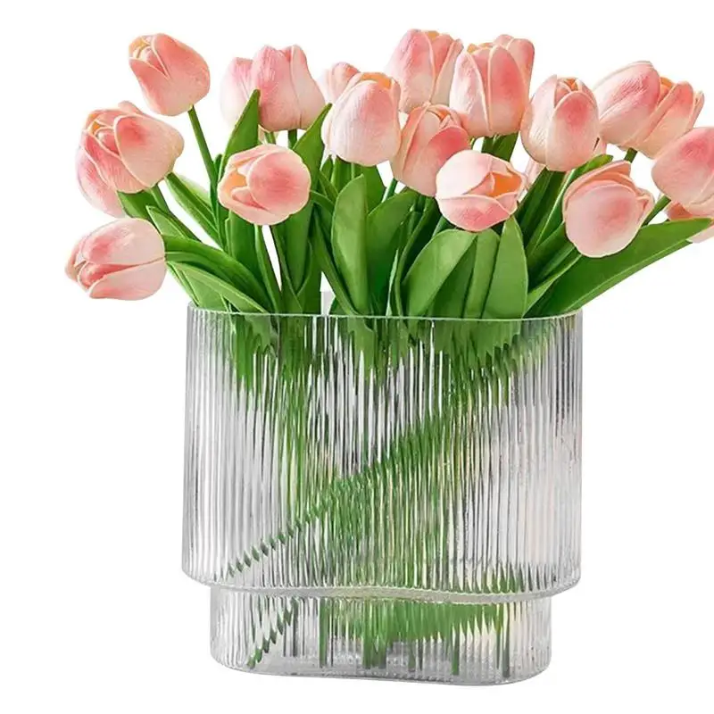 Modern Vase Clear Ribbed Glass Flower Vases Fluted Decorative Wide Short Flower Vase For Centerpieces Living Room Dining Table