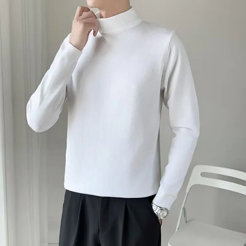 

Мужской вязаный свитер с высоким воротником, облегающий, из полиэстера, для повседневной носки, зимний