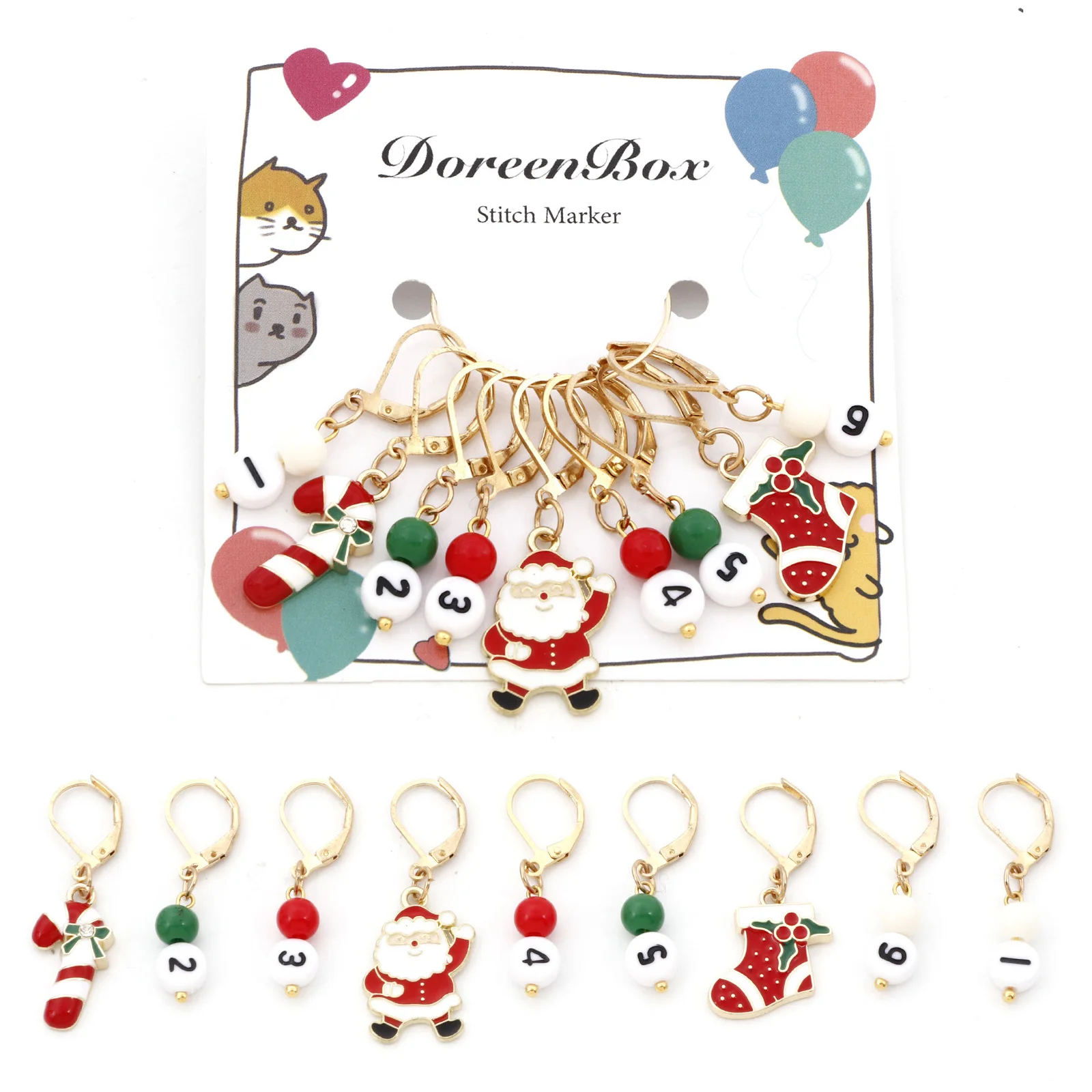 9PCs Mixed Christmas Santa Claus Charms Knitting Stitch Markers Crochet Latch For DIY Craft White Number 1-6 Beads Marker Tools