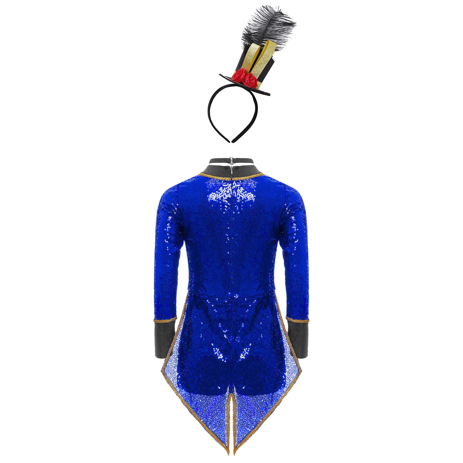 Girls Boys Circus Ringmaster Magician Cosplay Costume Halloween Carnival Showman Performance Shiny Sequin Tailcoat Bodysuit Hat