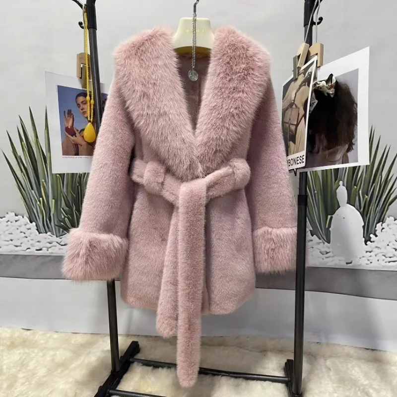 Abrigo de piel con cuello de piel grande para mujer, chaqueta ajustada con cinturón, abrigo de piel de zorro y visón ecológico cálido de lujo, Tops Premium, alta calidad