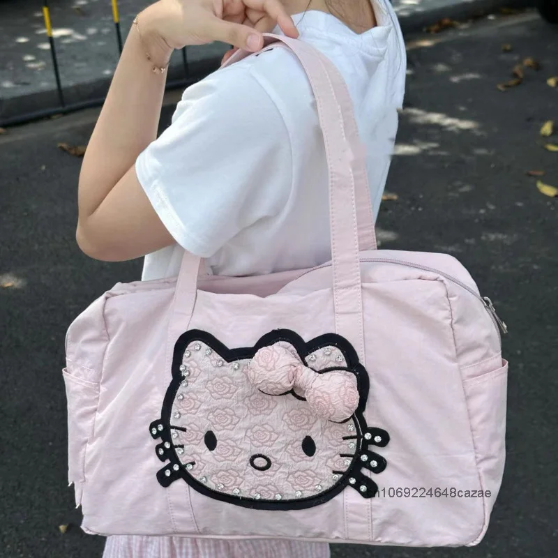 Hello Kitty New Homemade Large Capacity Handbag Spicy Girl Harajuku Leopard Print Shoulder Bag Niche Vintage Versatile Tote Bag