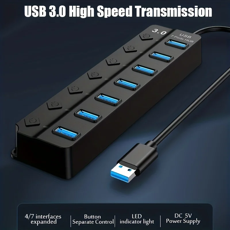 Concentrador USB 4/7 de 3,0 puertos con indicador LED, Control de interruptor independiente para ordenador portátil, unidad Flash, disco duro,