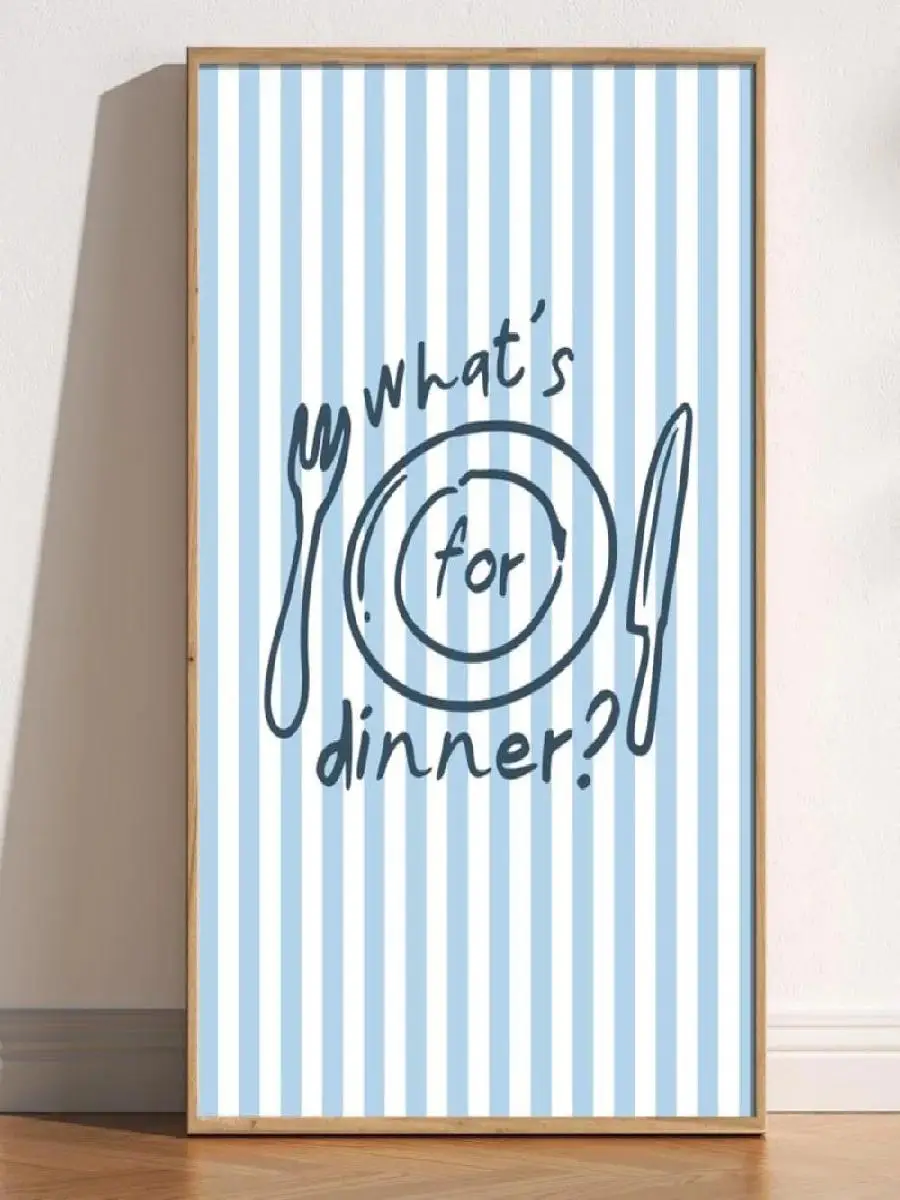 Whats for Dinner Print Vertical Striped Blue and White Foodie Hand Drawn Art Dining Room Decor Cute Vintage Cafe Poster