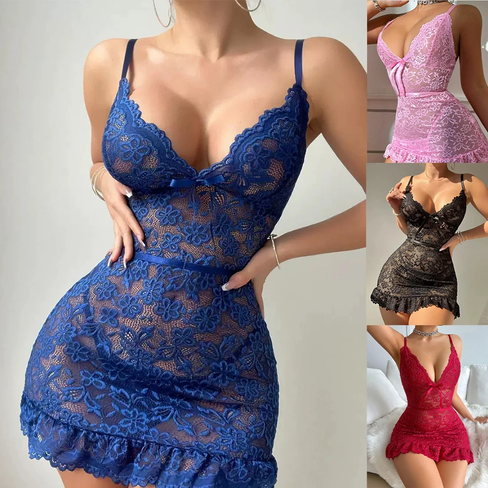 

Women Sexy Lace Mesh See-Through Suspender Slit Pajamas Bow Knot Lace Up Dress