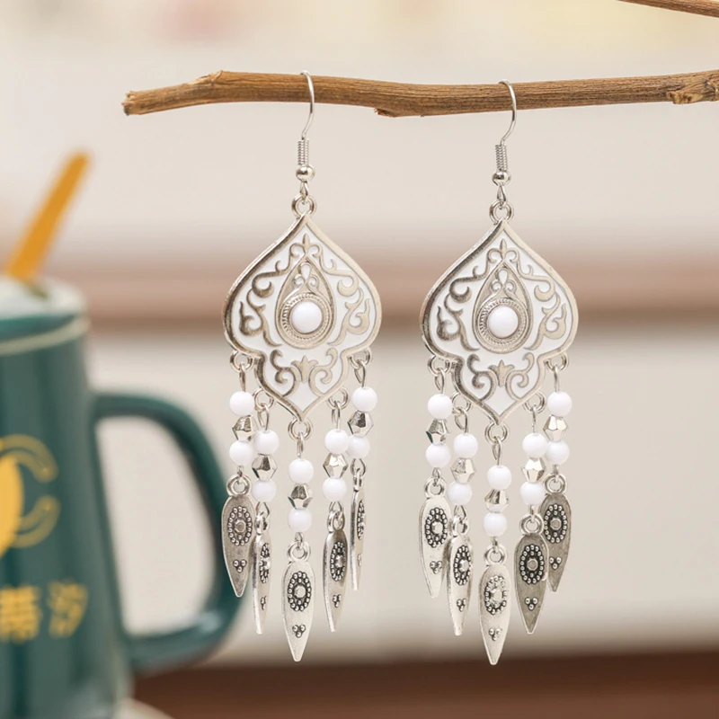 Ethnic Unique Pattern Geometric Charm Earrings for Women Creative Drop Oil Colorful Beads Metal Tassel Hanging Earrings Jewelry view 6