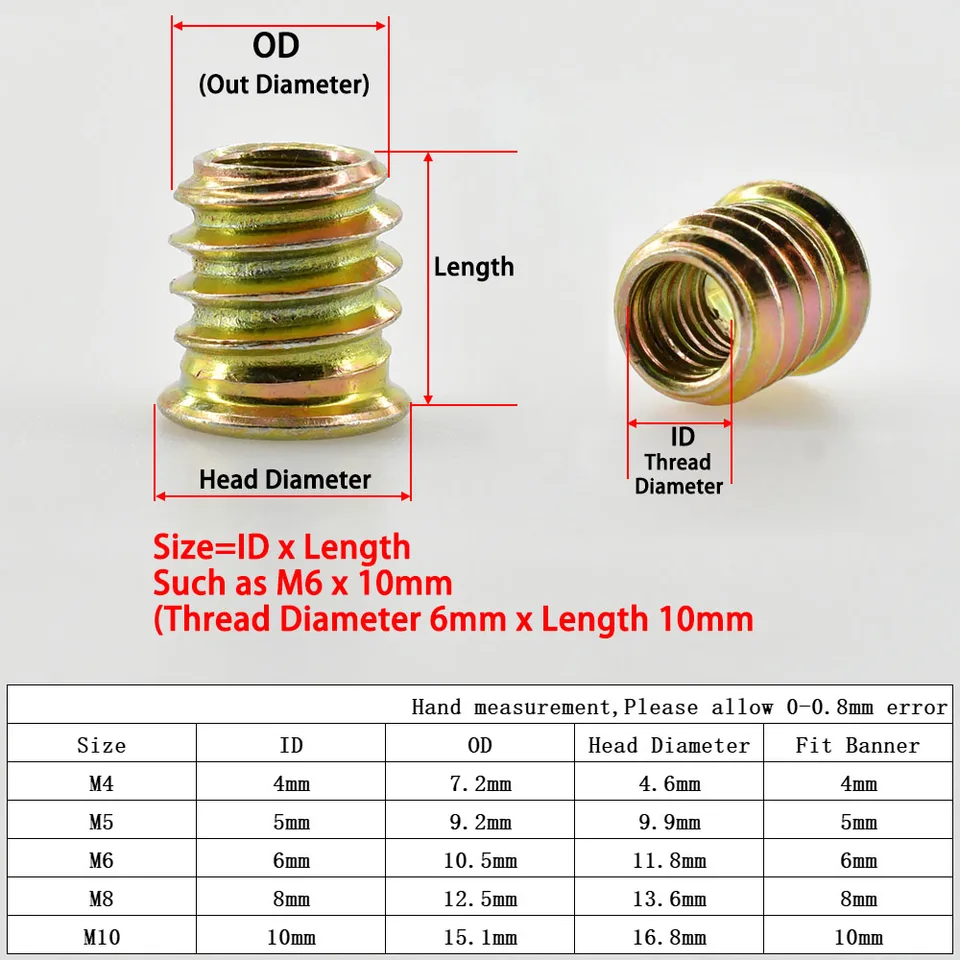 Lot D'inserts Filetés En Acier M4/M5/M6/M8/M10 – Pour Bois, Avec écrous Tête Ronde