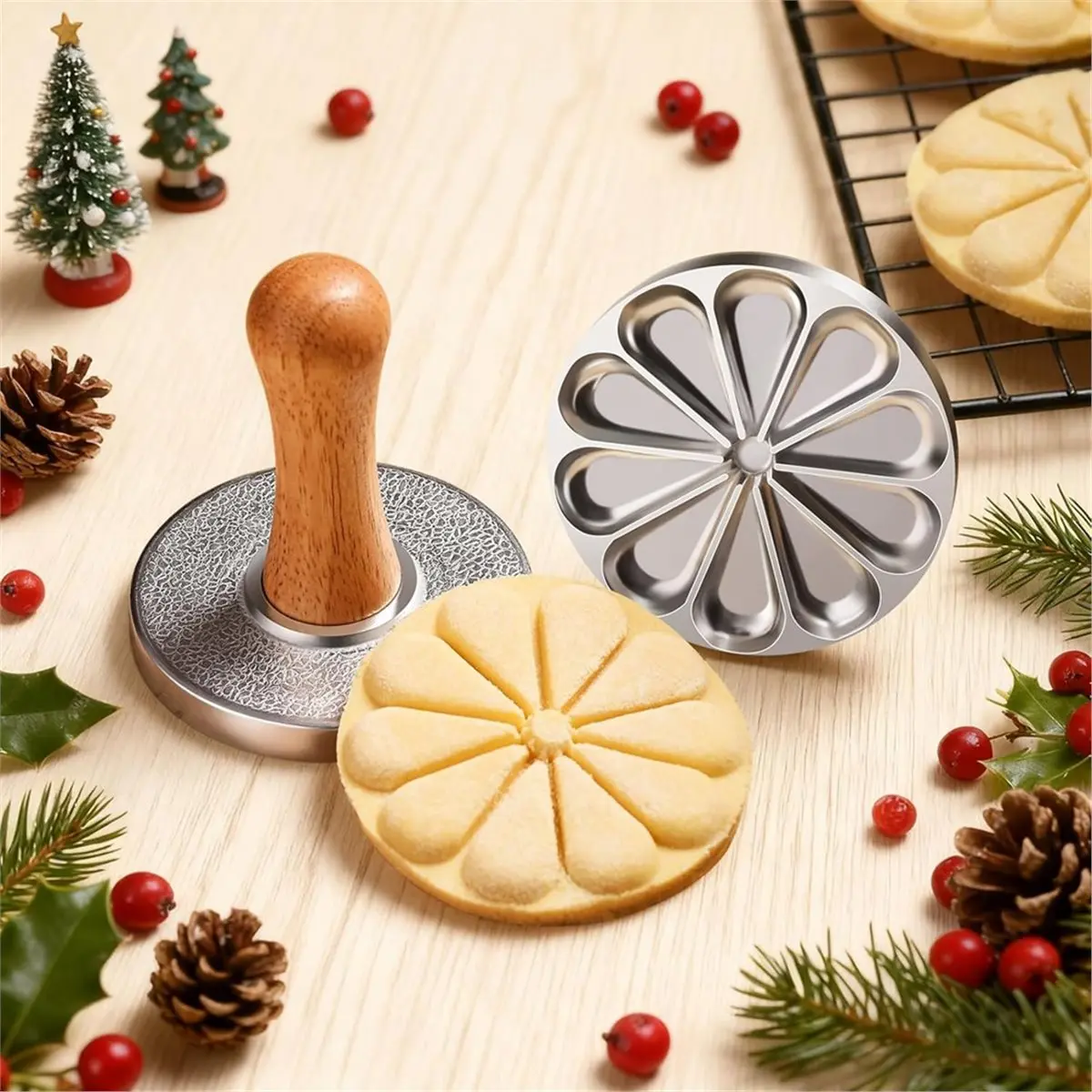 3pcs Cookie Stamps, Metal Christmas Cookies Cutter Mold with Wooden Handle, Cookie Decorating Supplies
