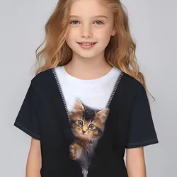 Cartoon Cat And Bear Graphic Print Creative T Shirts Comfy Crew Neck Short Sleeve Tee Children's Clothing Girl's Summer Tops