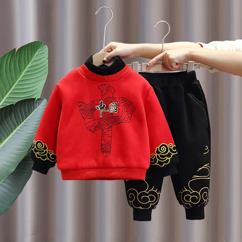 

2023 Winter Traditonal Chinese Style Tang Suit Clothing Set Children Sportswear Kids Plush Top Pants Infant Clothes Outfits