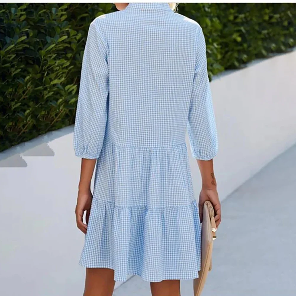 Women New Arrival Light Blue Plaid Dress Single-breasted Casual Ruffled Hem V Neck Mini Dresses Spring Summer Fashion 2 Colors