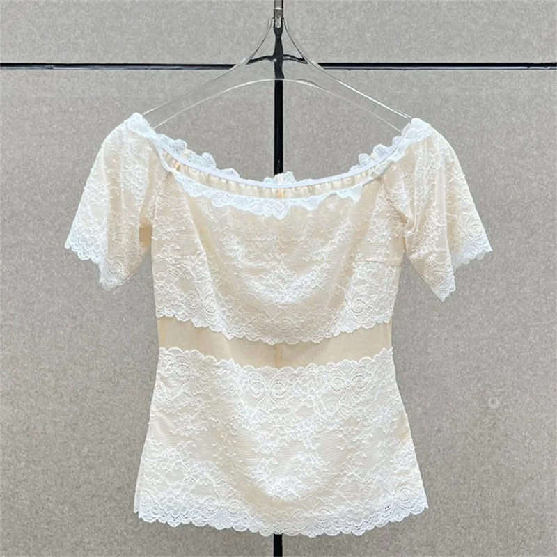 

Женская футболка: Новинка! Эластичный облегающий топ с коротким рукавом для лета 2026. Женский обтягивающий корсет с кружевными вставками, укороченный топ.