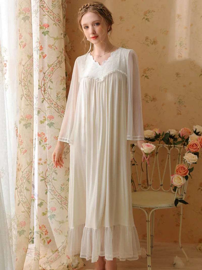 

French Victorian Nightdress Spring Autumn Modal Fairy Mesh Nightgown Women Long Sleeves Loose Ruffles Princess Vintage Sleepwear