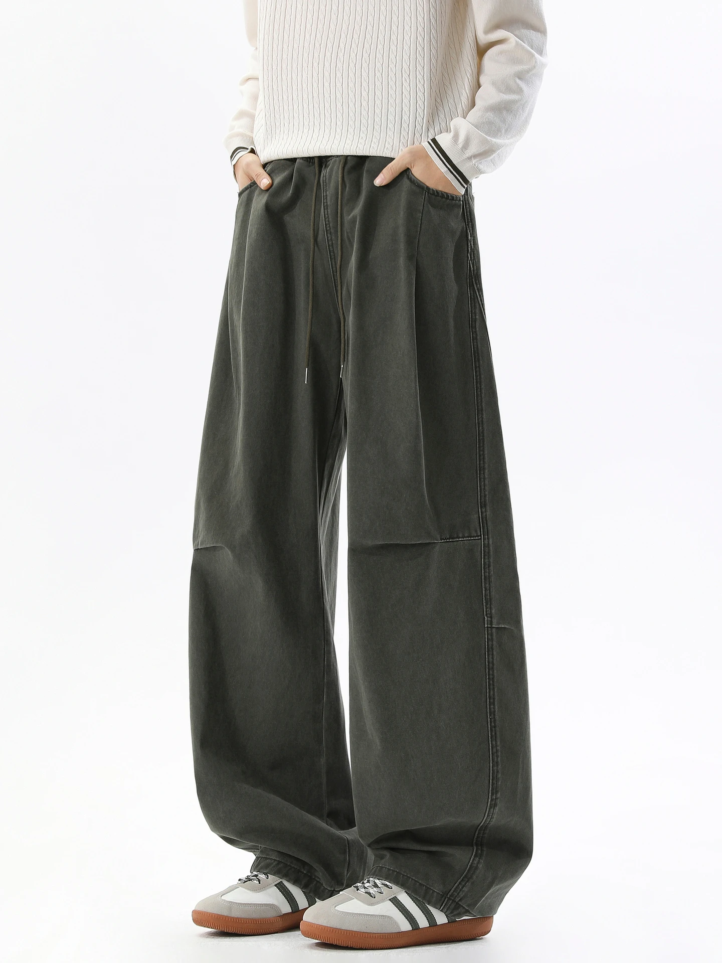 

American Sle Pure Color Dstring Elastic Cotton Work Pants Men Loose All-Match Wide Leg Casual Long Trousers