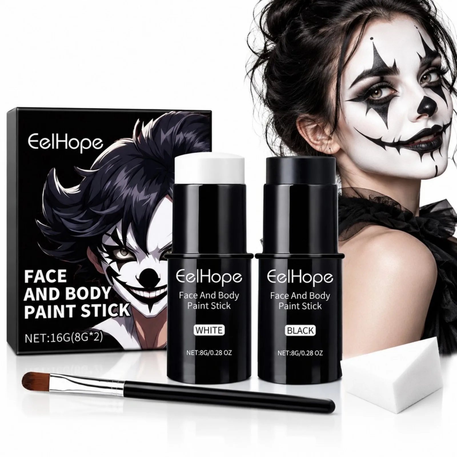 Halloween Black White Face Body Paint Stick Set Full Coverage Foundation Makeup Clown Cosplay Party Festive Makeup Art Craft Use