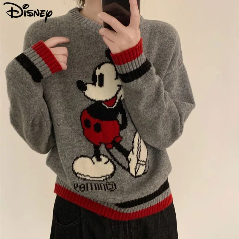 Disney New Arrival Top Fashion Casual Cotton Stripes Mickey Mouse Pullover Autumn And Winter Heavy Plush O-Neck Sweaters