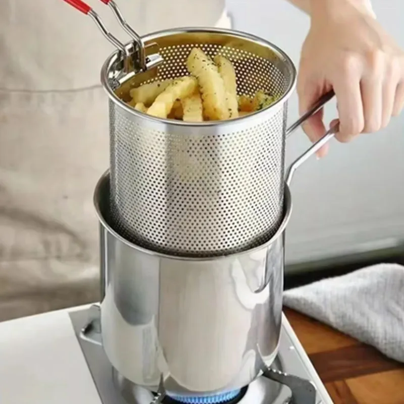 1set Stainless Steel Fryer With French Fries And Chicken Wings Household Small Oil Pot With Filter Screen Tianfu Luo Pot Tools