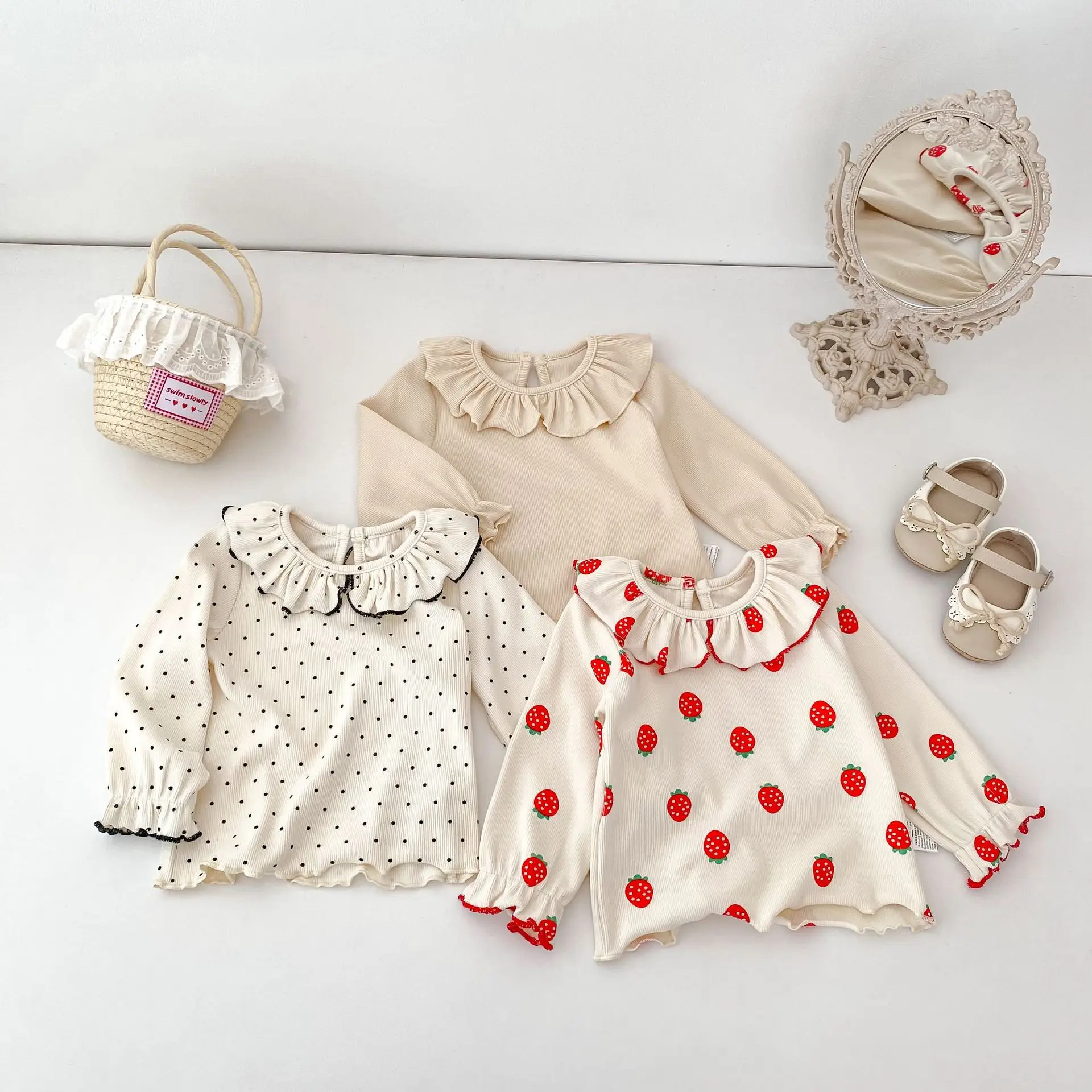 Kids Long Sleeve Base Top Strawberry Polka Dot Print Ruffle Collar Blouse Girls T-Shirt Sweet Style Autumn Soft Children Clothes