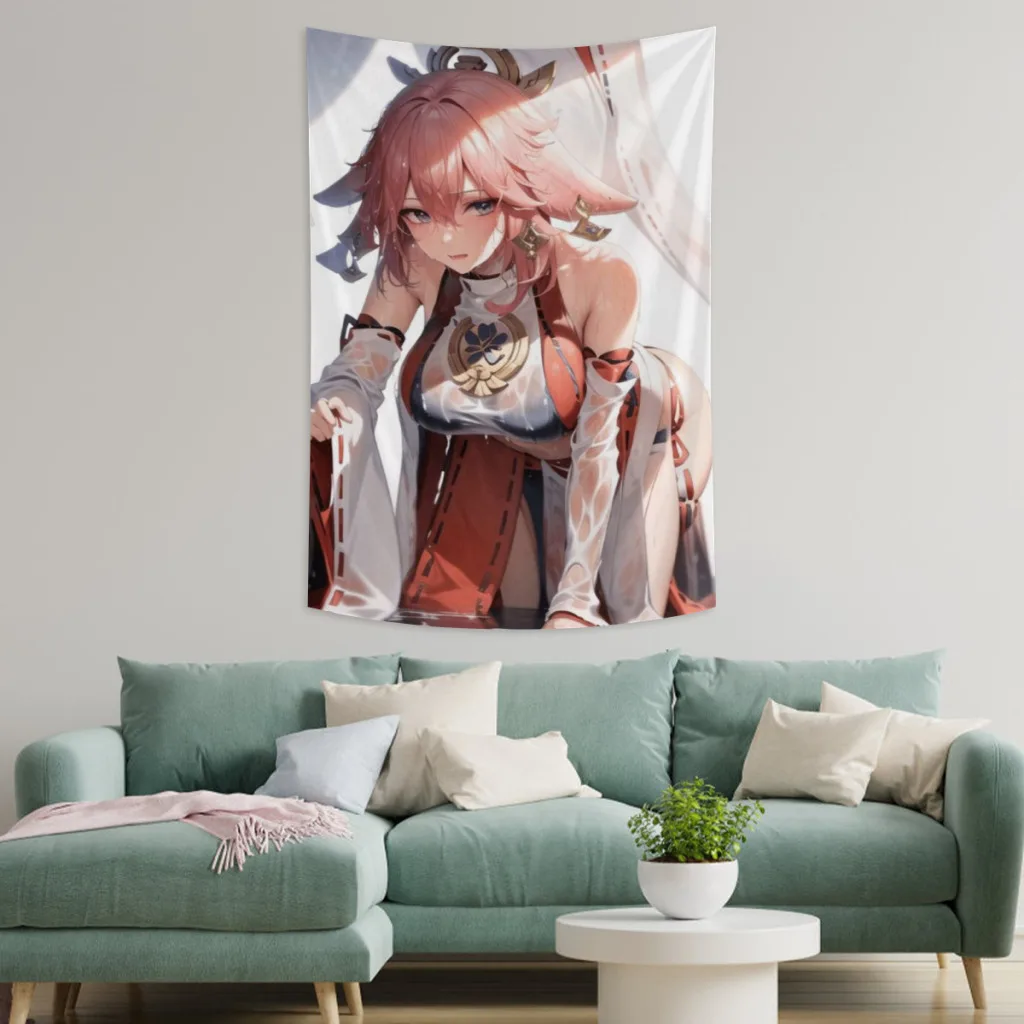 Custom  Genshin Yae Miko Tapestry Game Character  Yae Miyaji Wall Hanging Room Decor Aesthetic Lovely Poster