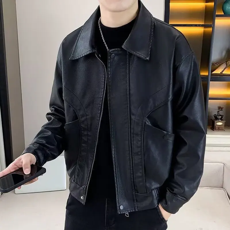 

Men's PU Leather Jacket Motorcycle Heavyweight Autumn New Trendy Biker Slim Fit Zipper Coat Jaet