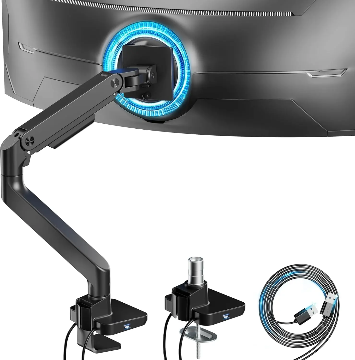 

Ultrawide Monitor Arm for 17-49 inch, Holds 44 lbs, Gas Spring Desk Mount with USB A/C, Clamp & Grommet, Black