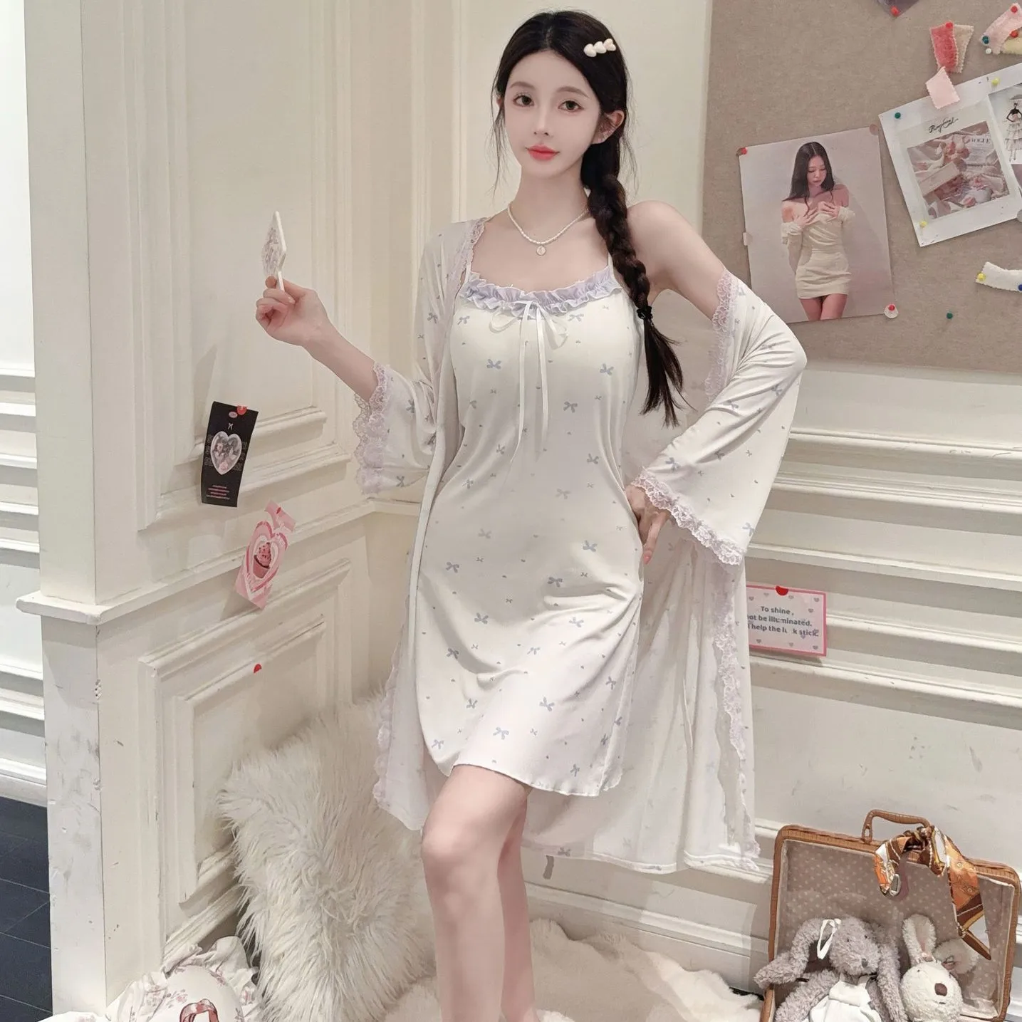 ผู้หญิงลูกไม้ Trim เสื้อคลุมอาบน้ํา Nightgown 2PCS เซ็กซี่น้ําแข็งผ้าไหม Robe ชุดพิมพ์ซาตินผู้หญิง Nightie บ้านชุด