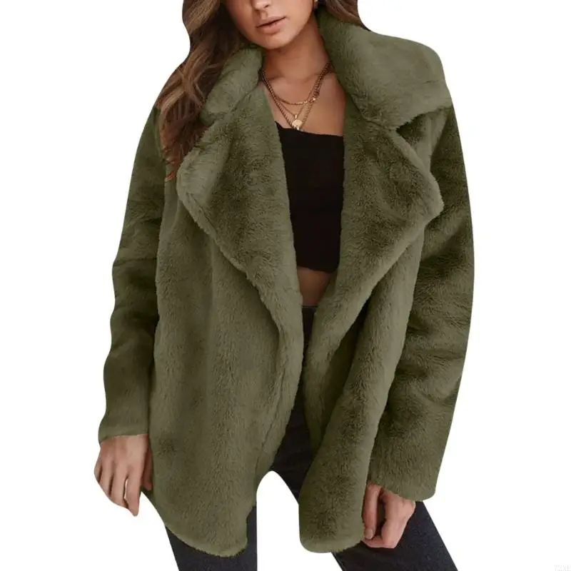 

72XE Женский кардиган средней длины с лацканами из искусственного меха спереди, повседневное теплое зимнее пальто