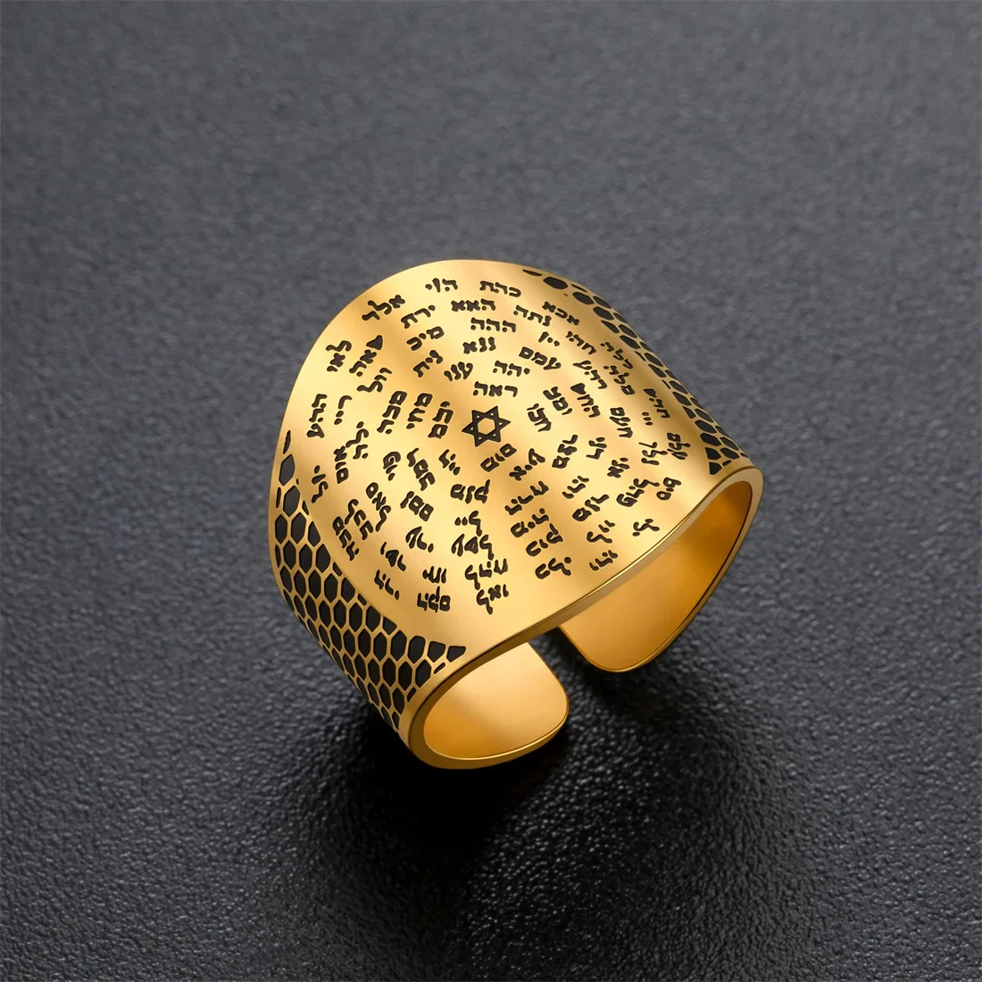 Stainless Steel Star of David Hebrew Bible Text Hexagram Star Width Adjustable Open Ring Gift Religious Men