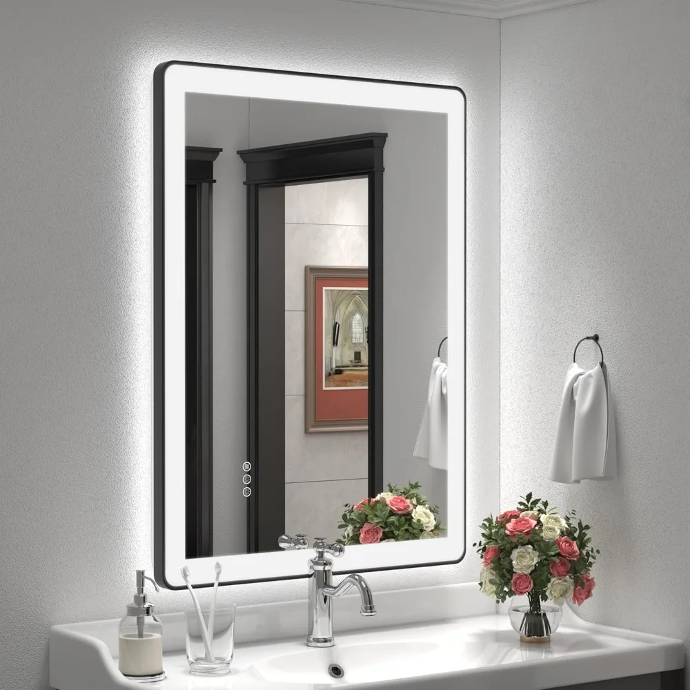 

24"x36" LED Mirror for Bathroom, Black Framed Dimmable Lighted LED Bathroom Vanity Mirror with Independent Backlit+Front Lights,