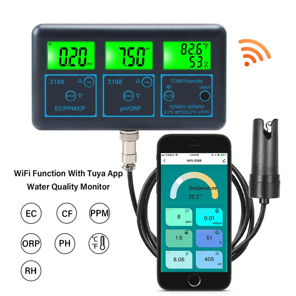 WiFi Tuya Smart Monitor Fish Tank Aquarium SPA Pool Online Water Quality Meter PH ORP EC PPM CF Humidity TEMP Tester ATC