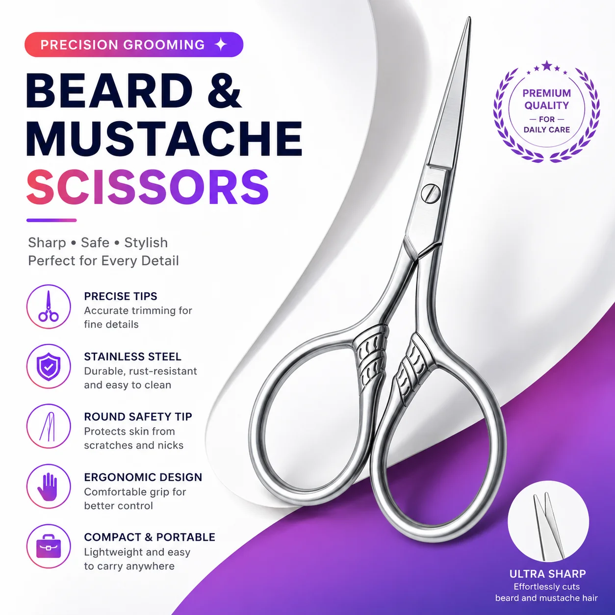 Tijeras Profesionales de Acero Inoxidable para Barba y Bigote, Tijeras de Precisión para Recortar Barba, Cejas, Vello Facial y Maquillaje