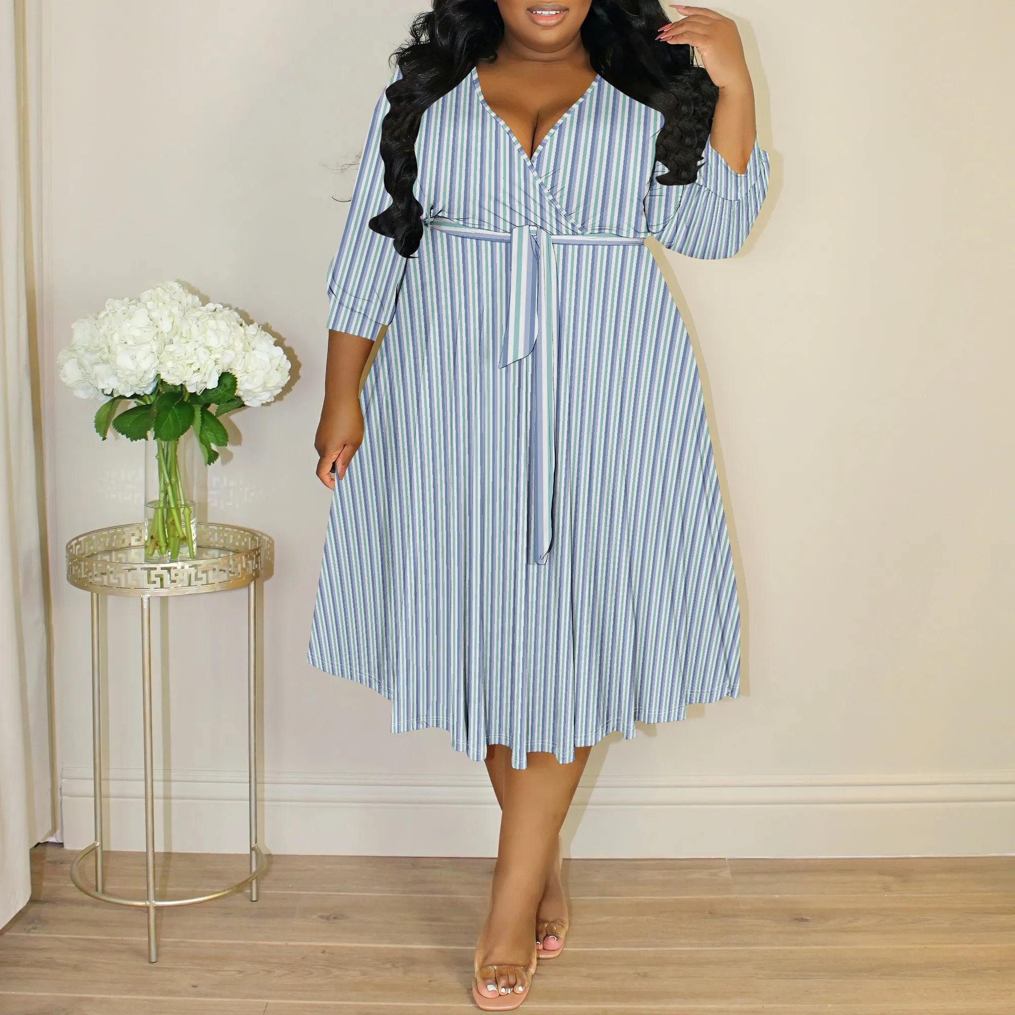 

Plus Size Women's Striped Wrap Dress, V-Neck 3/4 Sleeve A-Line Midi Dress with Belt for Office & Casual Wear XL-6XL