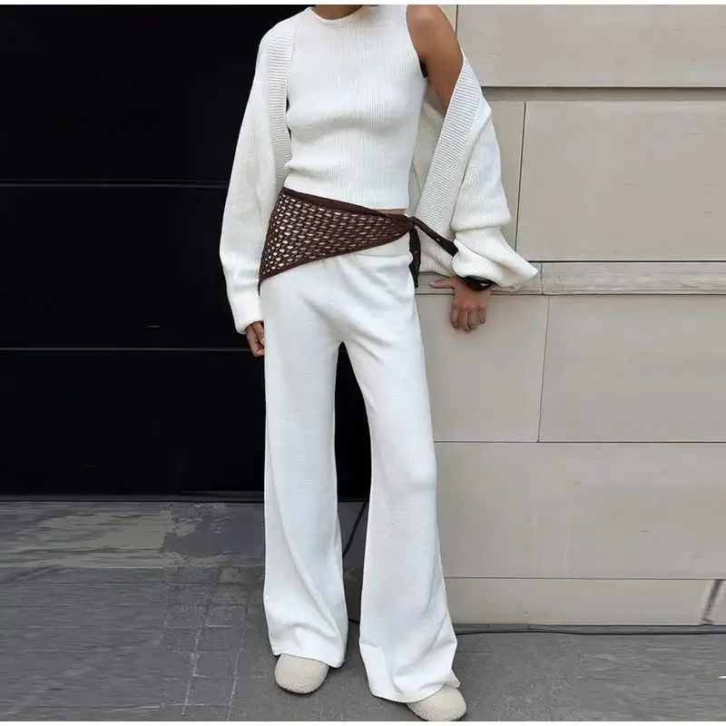 Damen Strick-3-Teiler-Set: O-Ausschnitt, ärmelloses Crop-Top, Langarm-Mantel, weit geschnittene Hose, Herbstmode, neue Strickwaren für Damen – Detail 20